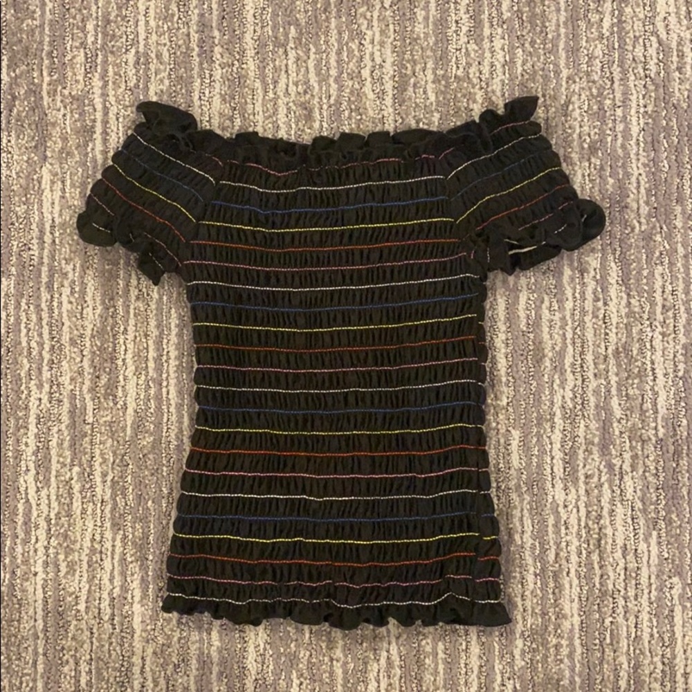 Black with rainbow stitching off top